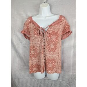 Willow Root Womens Small Boho Paisley Top Eyelet Lace Sleeve Tie Front Button Up